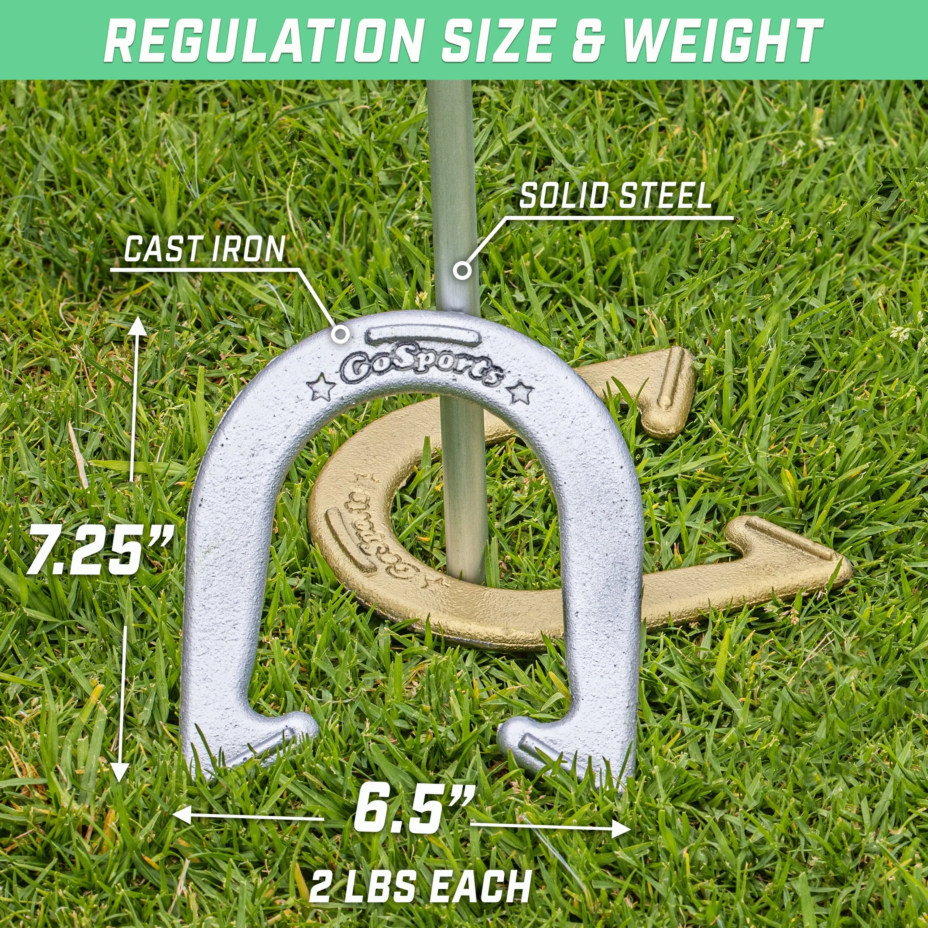 GoSports Steel Horseshoes Outdoor Game Set - Official Size and Weight - Gold/Silver