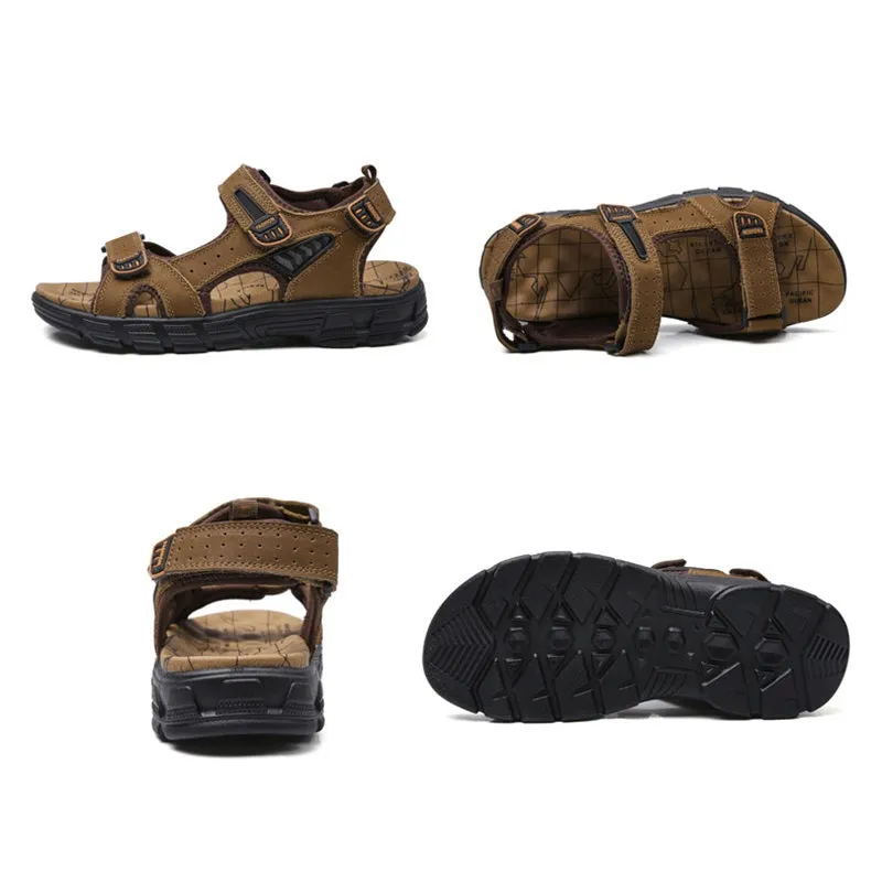 Mens Summer Beach Non-slip Adjustable Velcro Strap Leather Sandals