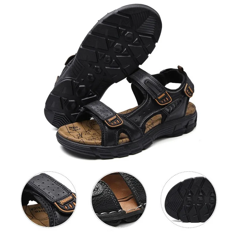 Mens Summer Beach Non-slip Adjustable Velcro Strap Leather Sandals