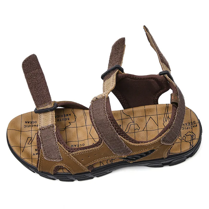 Mens Summer Beach Non-slip Adjustable Velcro Strap Leather Sandals